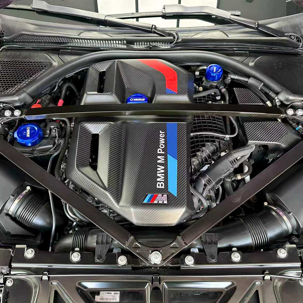 CarbonXtreme BMW S58 engine bay oil filler cap 3-piece set CNC 6061 aluminum anodized red and blue finish