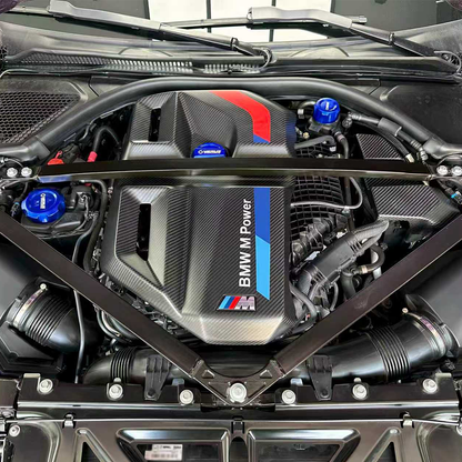 CarbonXtreme BMW S58 engine bay oil filler cap 3-piece set CNC 6061 aluminum anodized red and blue finish