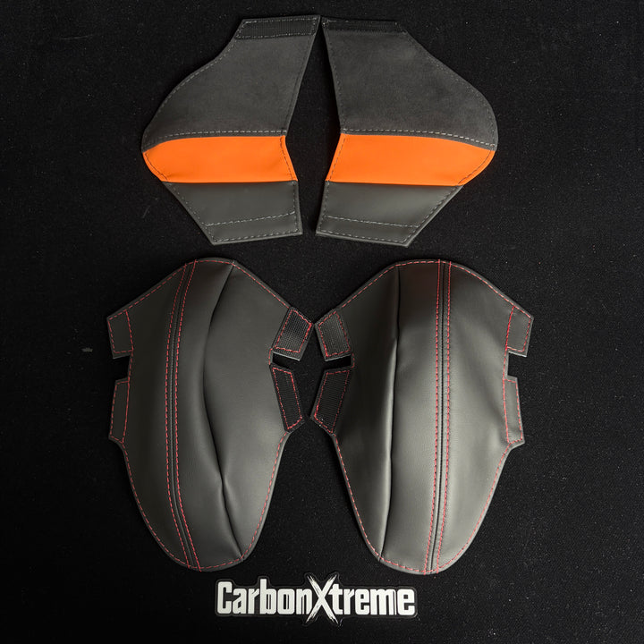 BMW G80 M3 carbon bucket seat lower bolster protectors in CS style and seat belt shoulder protectors in Kyalami Orange packed and shipped to Calgary, Canada