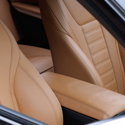 BMW Cognac Merino leather interior color sample for G8X M3 M4 center armrest cover | CarbonXtreme