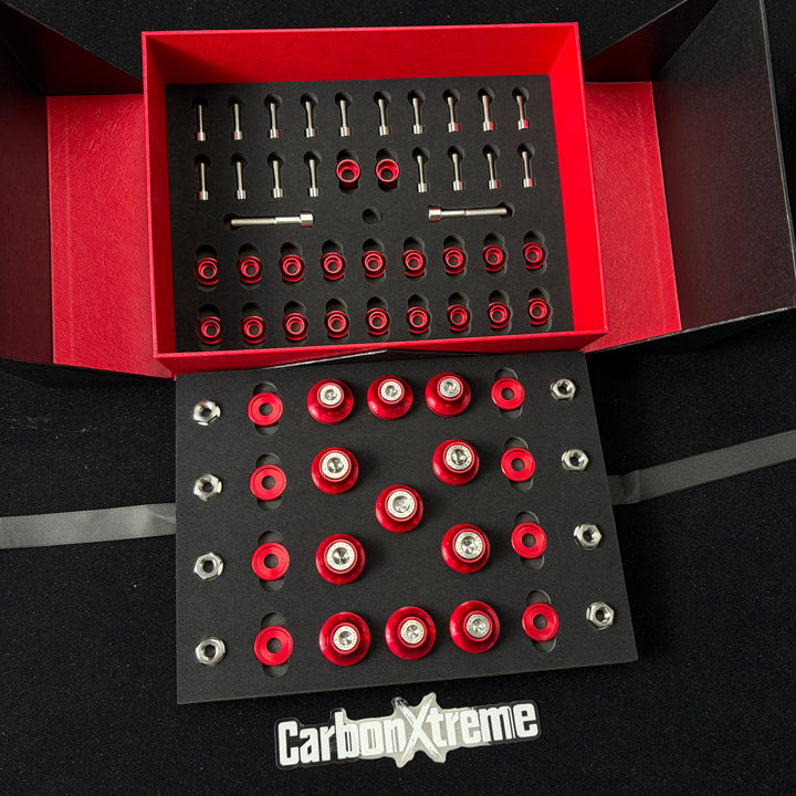 BMW S58 titanium engine bay dress-up bolt kit in Red packed and shipped to FL, United States
