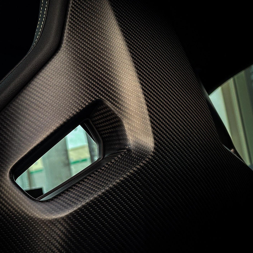 Audi RS interior carbon fiber vanity panel – gloss 2x2 twill-weave carbon fiber cover with white leather stitching edge