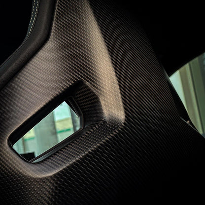 Audi RS interior carbon fiber vanity panel – gloss 2x2 twill-weave carbon fiber cover with white leather stitching edge