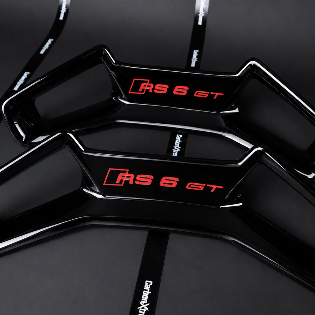 Audi RS6 GT aftermarket seat headrest trim panel set – gloss black backrest covers with RS 6 GT badge, replacement upgrade
