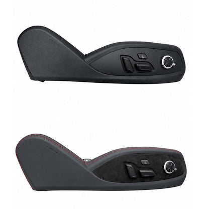 Audi seat side trim comparison, factory black plastic panel above and the same panel wrapped in leather and Alcantara with red stitching below