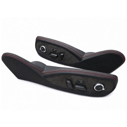 Pair of Audi seat side trim panels wrapped in leather and Alcantara with red contrast stitching, factory seat adjustment switches and memory dial in place