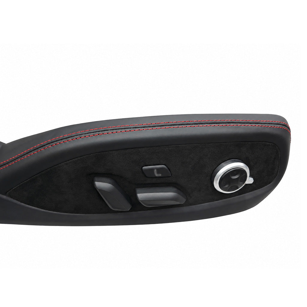 Close up of a wrapped Audi seat side trim switch area, Alcantara surround with the original seat adjustment switches, lumbar button and memory dial