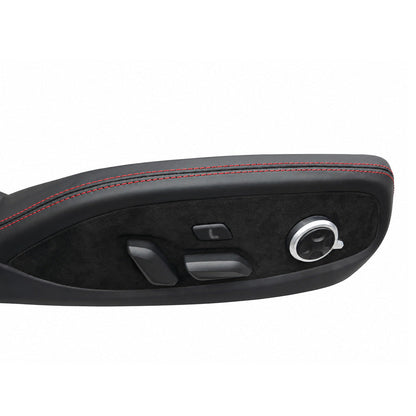 Close up of a wrapped Audi seat side trim switch area, Alcantara surround with the original seat adjustment switches, lumbar button and memory dial