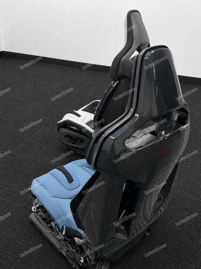 BMW M carbon fiber bucket seat, rear view of the carbon fiber backrest with blue leather cushion