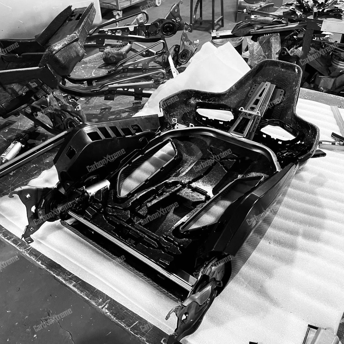 BMW M carbon fiber bucket seat shell during first batch production