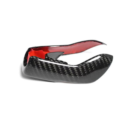 Carbon fiber gear selector cover shell close up showing pre applied 3M adhesive inside