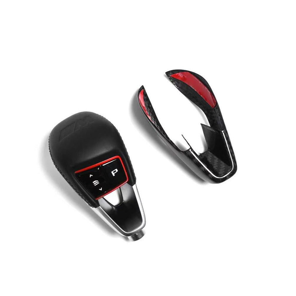 Two piece BMW carbon fiber gear selector cover shells with 3M adhesive backing