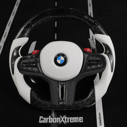 Custom forged carbon fiber LED steering wheel for BMW G80 M3, front view with white perforated leather grips and red M1 M2 buttons