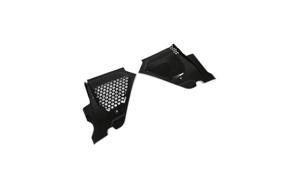BMW G22 4 Series carbon fiber engine bay corner panels are angled on white with the mesh panel nearer the front.