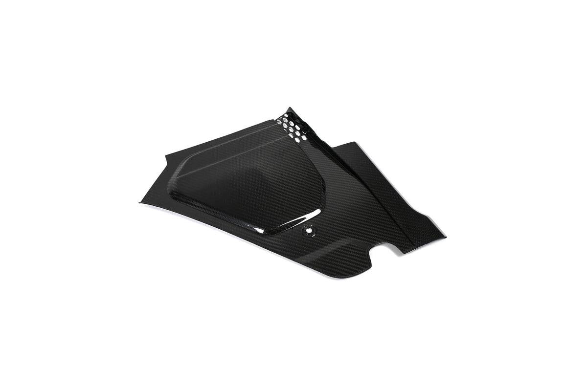 BMW G22 4 Series carbon fiber engine bay corner panels include this solid panel with small holes at one corner.