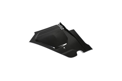 BMW G22 4 Series carbon fiber engine bay corner panels include this solid panel with small holes at one corner.