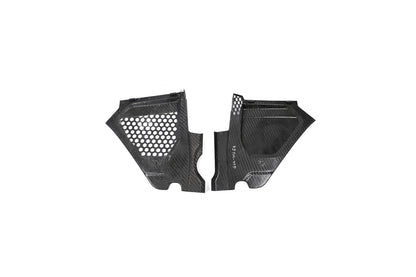 BMW G22 4 Series carbon fiber engine bay corner panels are shown from the underside with their edges aligned.