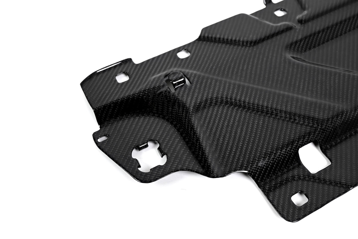 BMW G22 4 Series carbon fiber slam panel cover is shown close up with an end cutout and square mounting holes.