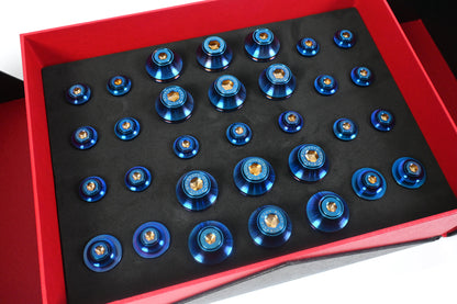 BMW G22 4 Series titanium engine bay bolt kit is shown close up with blue heads and gold centers in black foam.