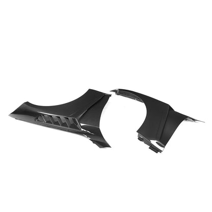 BMW G80 M3 G82 M4 SQ style vented carbon fiber front fenders pair on white background