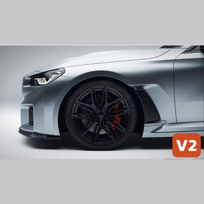 BMW G87 M2 N Style carbon fiber front fender V2 with rear carbon air duct, shown in silver