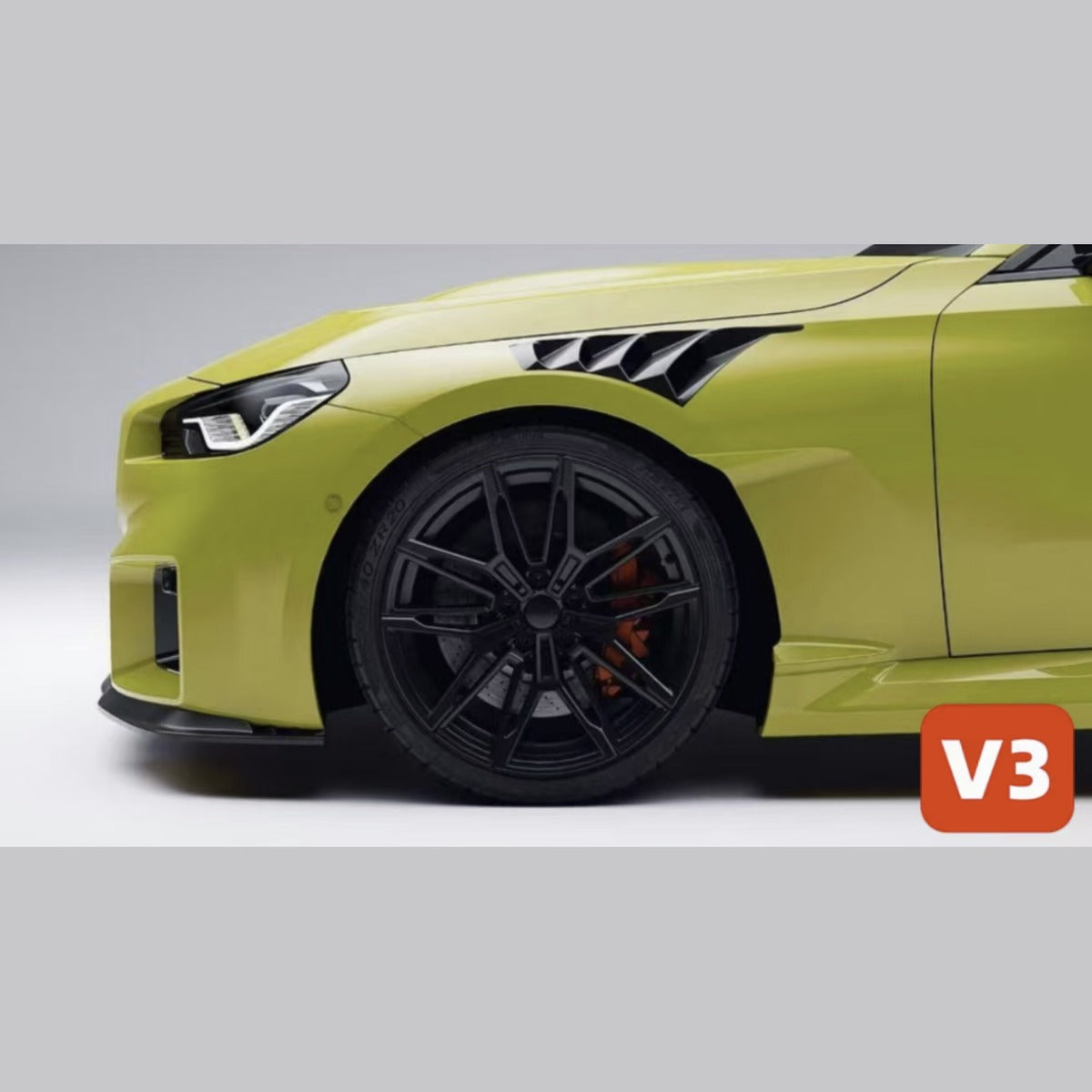 BMW G87 M2 N Style carbon fiber front fender V3 with top louvers, shown in yellow