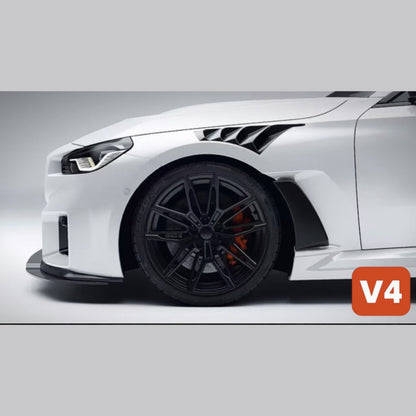 BMW G87 M2 N Style carbon fiber front fender V4 with top louvers and rear carbon air duct, shown in white