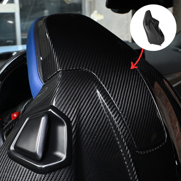 BMW G8X M2 M3 M4 Carbon Fiber Seat Back Replacement main image, installed gloss carbon shell with inset callout of the standalone replacement panel