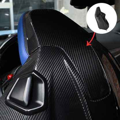 BMW G8X M2 M3 M4 Carbon Fiber Seat Back Replacement main image, installed gloss carbon shell with inset callout of the standalone replacement panel