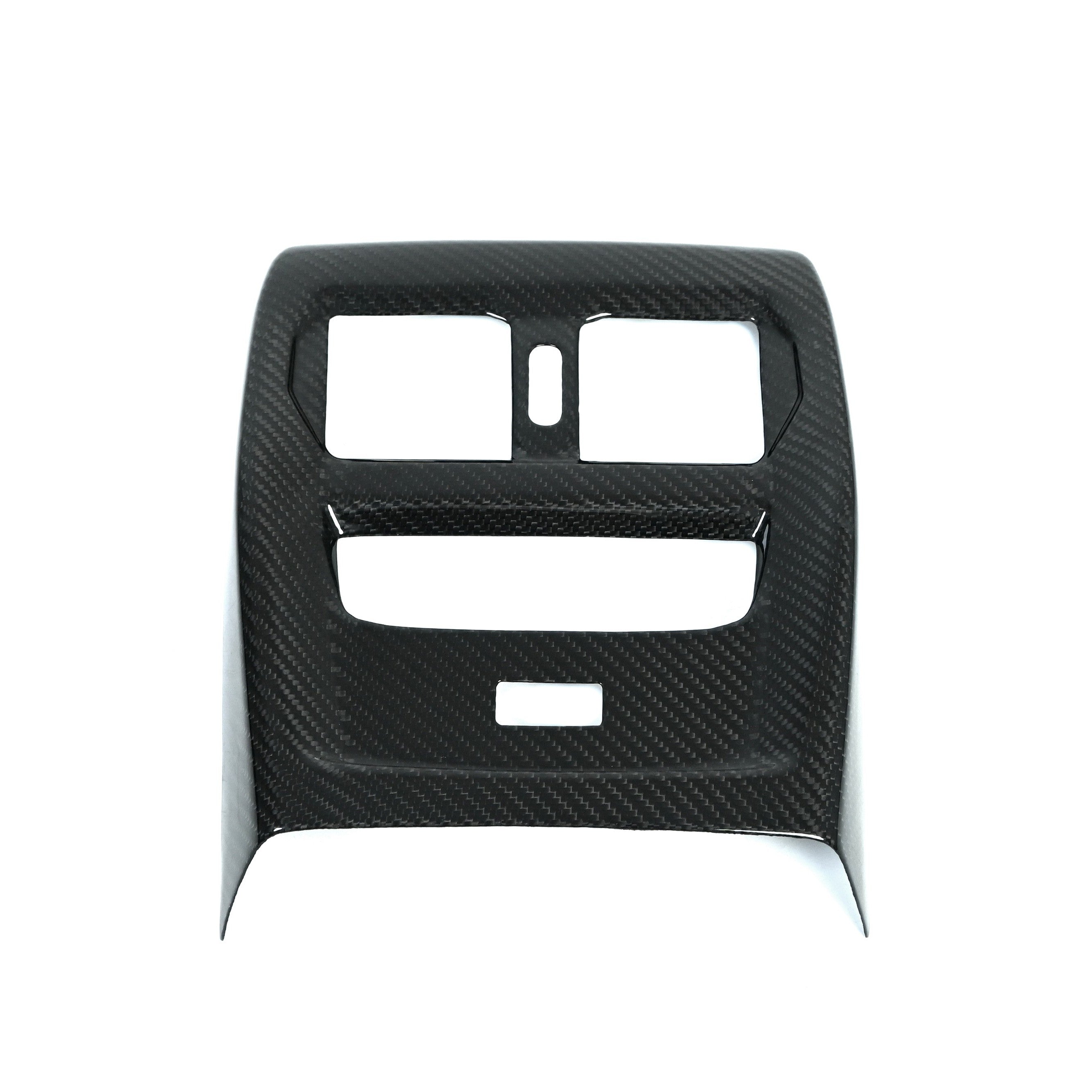 BMW G80 M3 G82 M4 carbon fiber rear vent trim front view with USB port cutout, prepreg gloss finish on white background