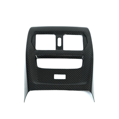 BMW G80 M3 G82 M4 carbon fiber rear vent trim front view with USB port cutout, prepreg gloss finish on white background