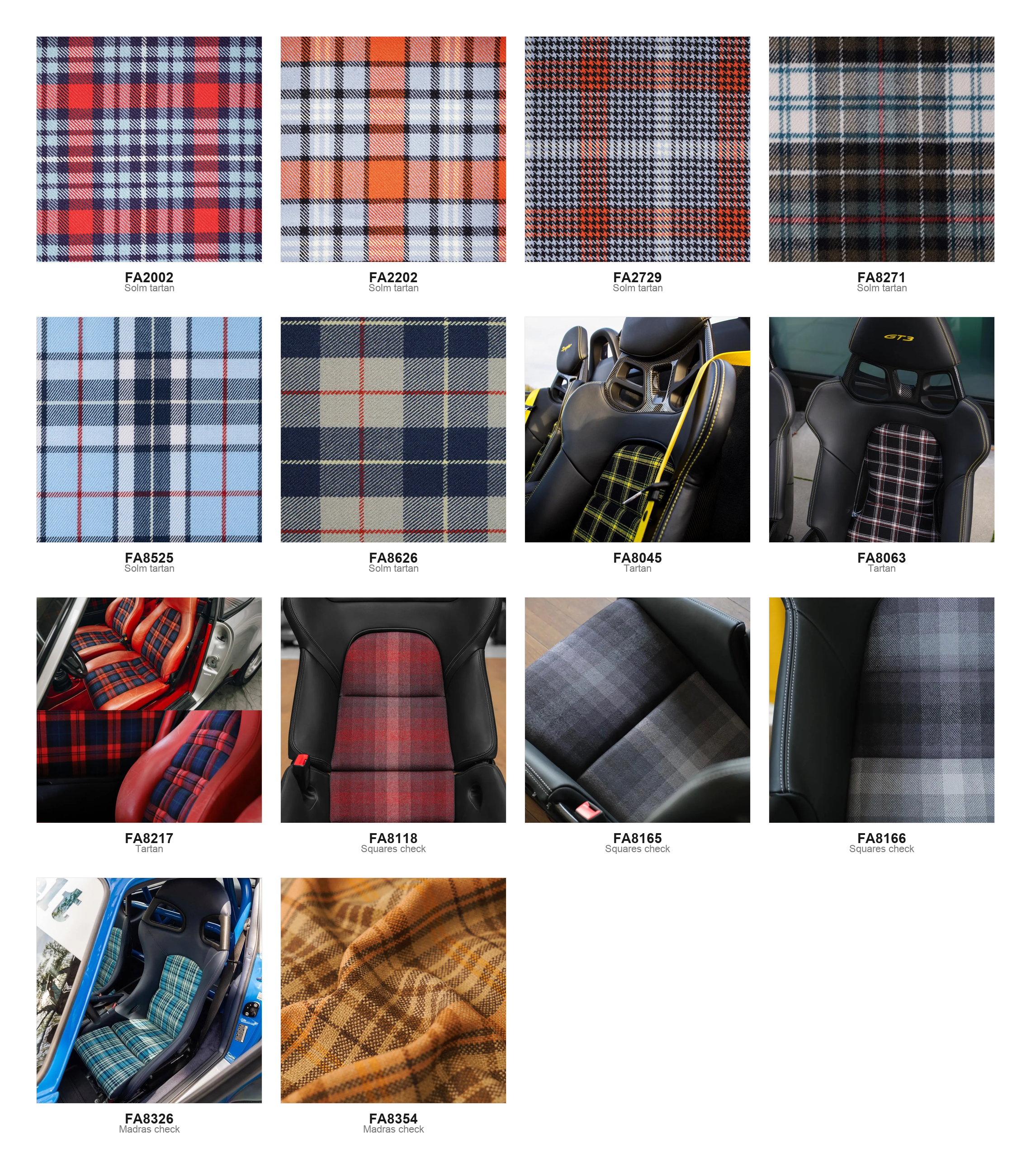 Tartan and check pattern family swatch chart, fourteen Solm tartan, tartan, squares check and Madras check fabric options with pattern codes