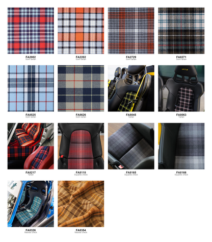 Tartan and check pattern family swatch chart, fourteen Solm tartan, tartan, squares check and Madras check fabric options with pattern codes