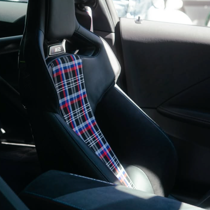BMW M Carbon Fiber Bucket Seats Custom Build with Heritage Pattern fabric