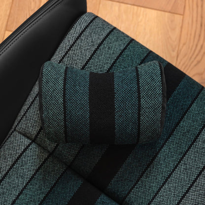 Green and black striped headrest pillow fitted to a Porsche 918 style carbon bucket seat, side view