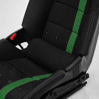 Porsche 918 style carbon bucket seat with a black lumbar support pillow installed low in the seat back, green and black carbon weave visible