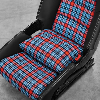 Blue and red tartan space increase pillow raising the seating position in a Porsche 918 style carbon full bucket seat