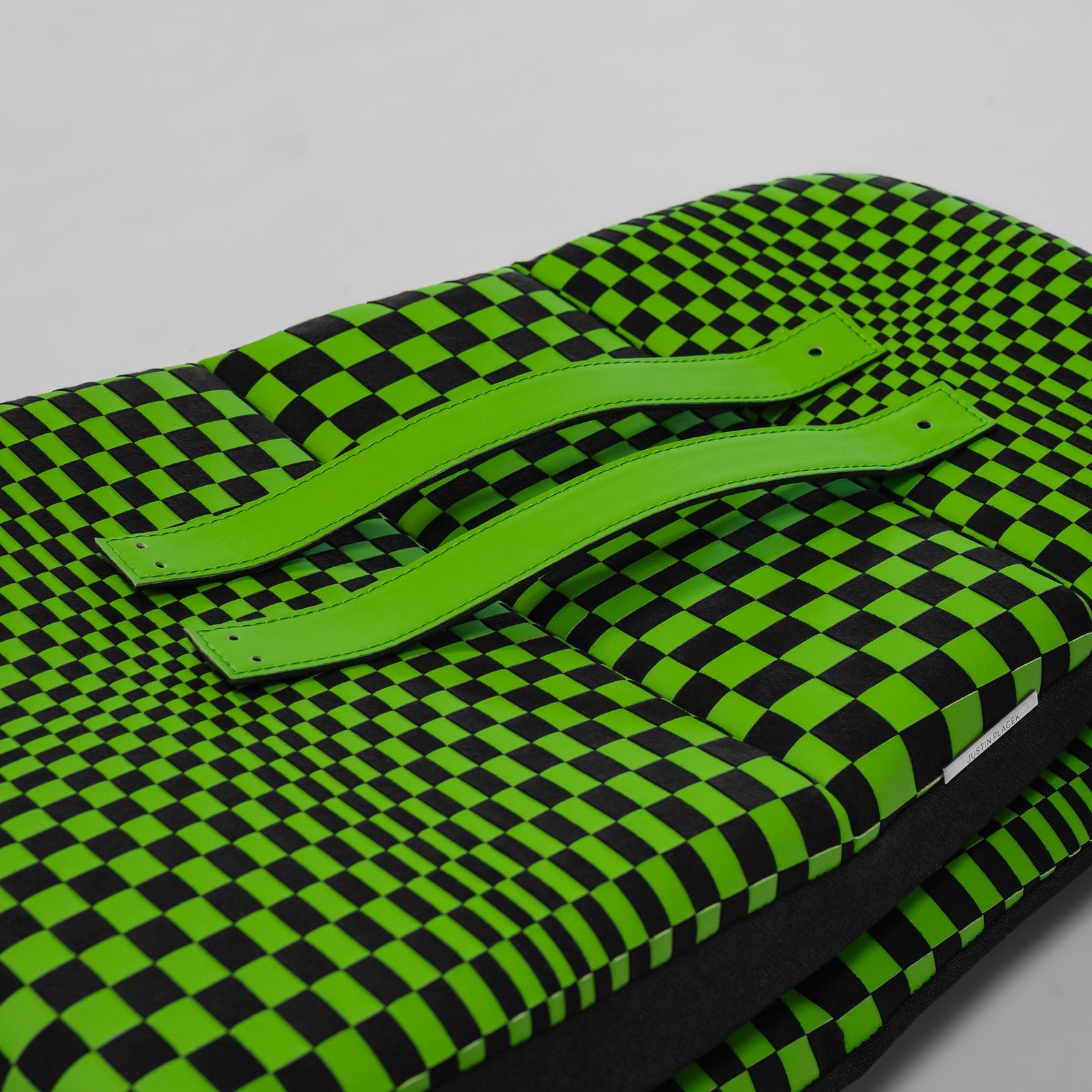 Porsche 992 green leather door pull straps on green checker fabric