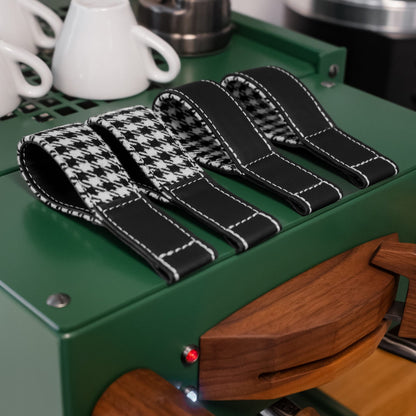Porsche 992 houndstooth and black leather door pull strap set