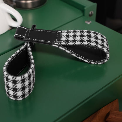 Porsche 992 houndstooth fabric door pull strap detail with black leather trim