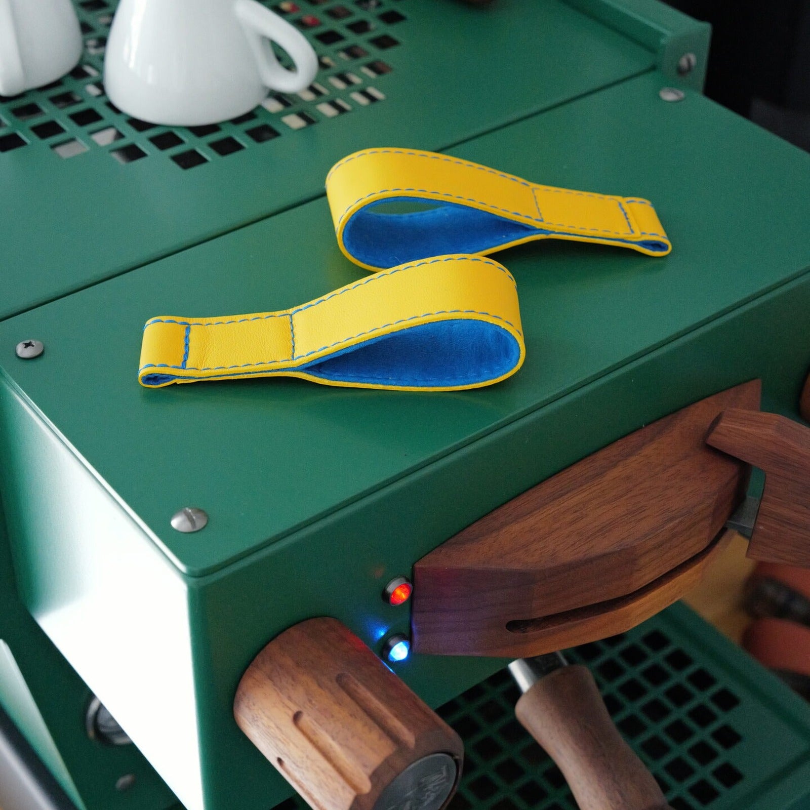 Porsche 992 yellow and blue leather door pull strap samples