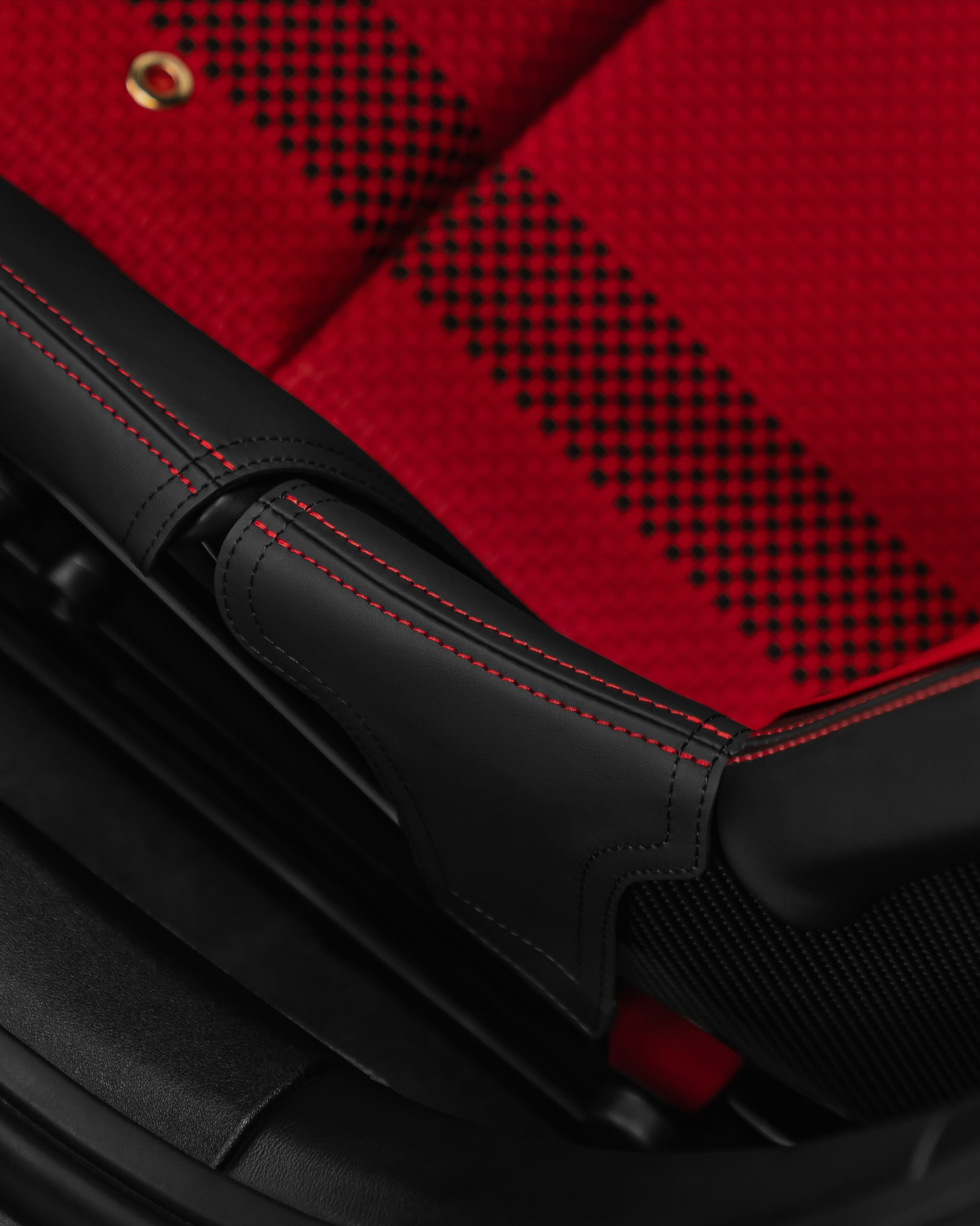 Porsche bucket seat red perforated center and black leather bolster protector with red stitching