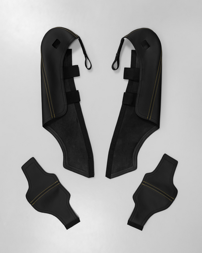 Porsche bucket seat bolster protector set, four piece black leather with racing yellow stitching