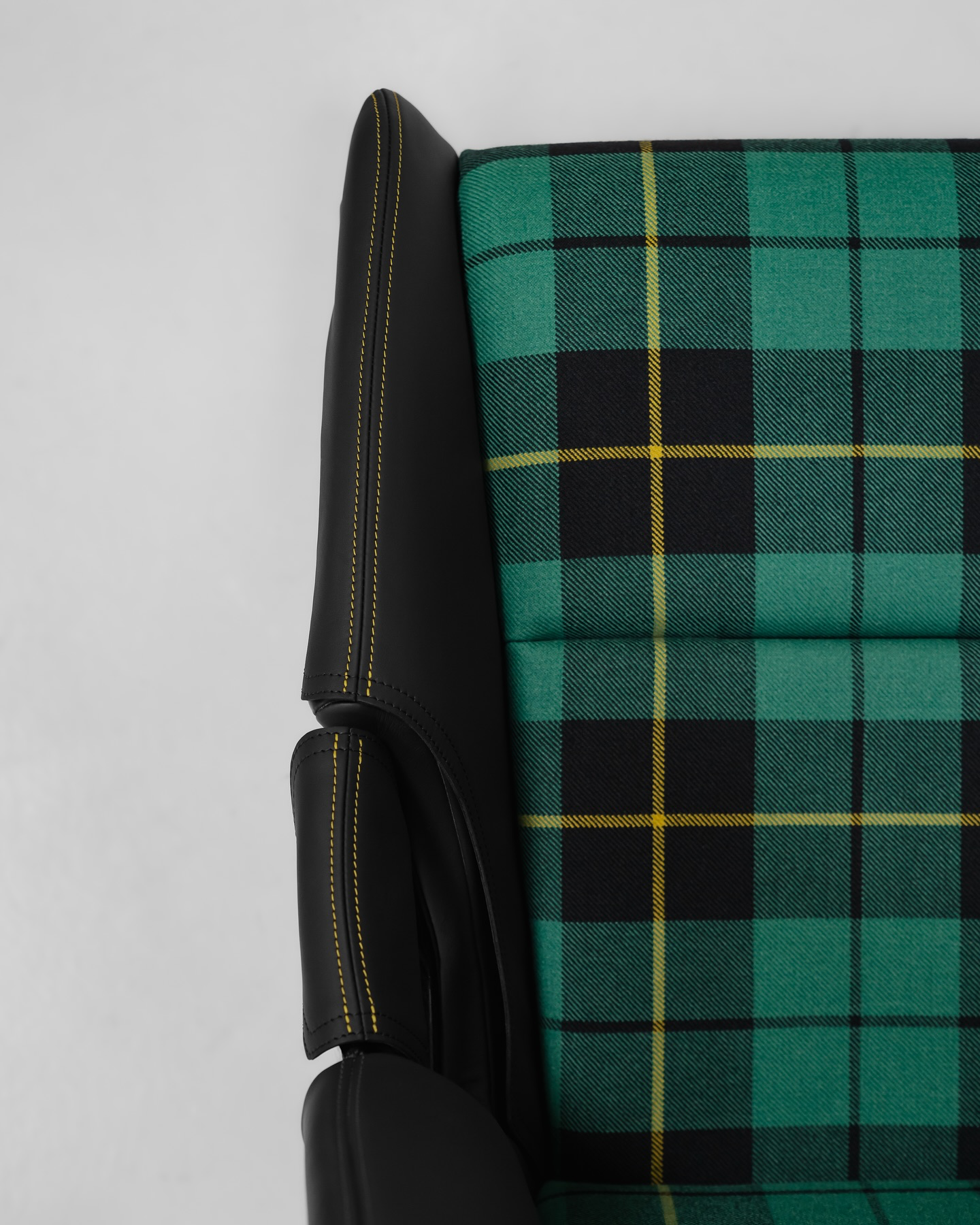 Porsche bucket seat green tartan upholstery with handmade bolster protection, detail view