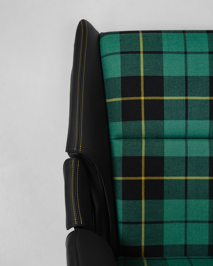 Porsche bucket seat green tartan upholstery with handmade bolster protection, detail view