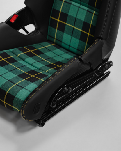 Porsche carbon bucket seat green tartan with bespoke black bolster protector and yellow stitching