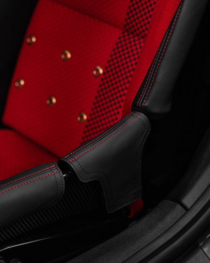 Porsche carbon bucket seat red Alcantara with black leather bolster protector, bespoke fit