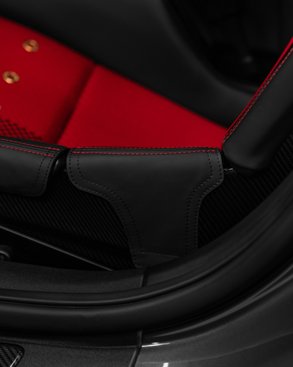 Porsche GT3 bucket seat outer bolster protector in black leather, OEM match, red stitching