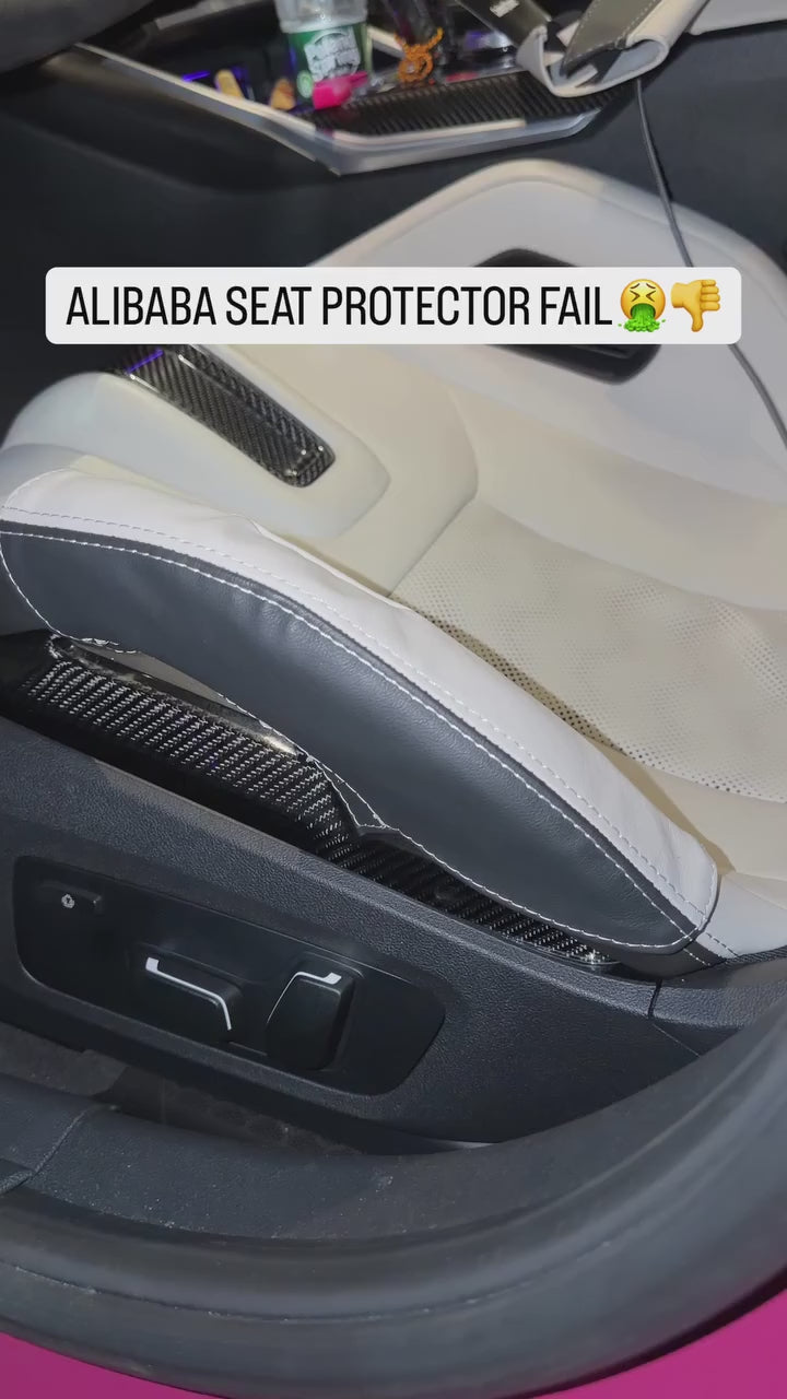 Load video: CarbonXtreme 1:1 Merino leather protectors on Deep Patel's carbon bucket seats