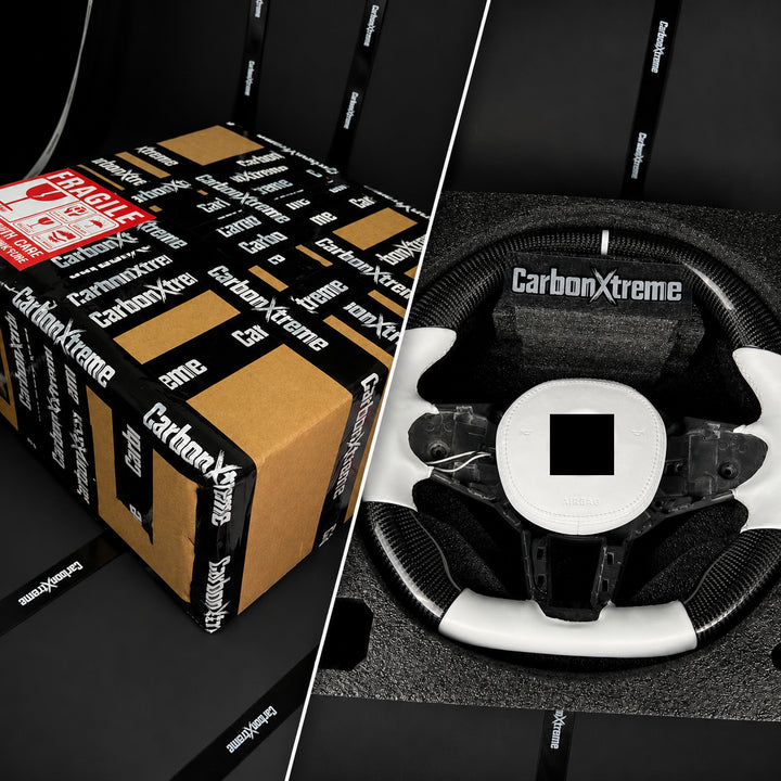 A custom BMW carbon fiber steering wheel, built to order and shipped